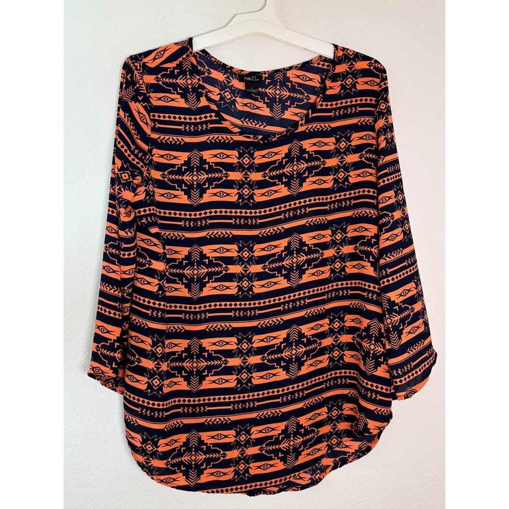 Rue21 Orange Navy Blue Tribal Geometric Button Back Blouse Large
